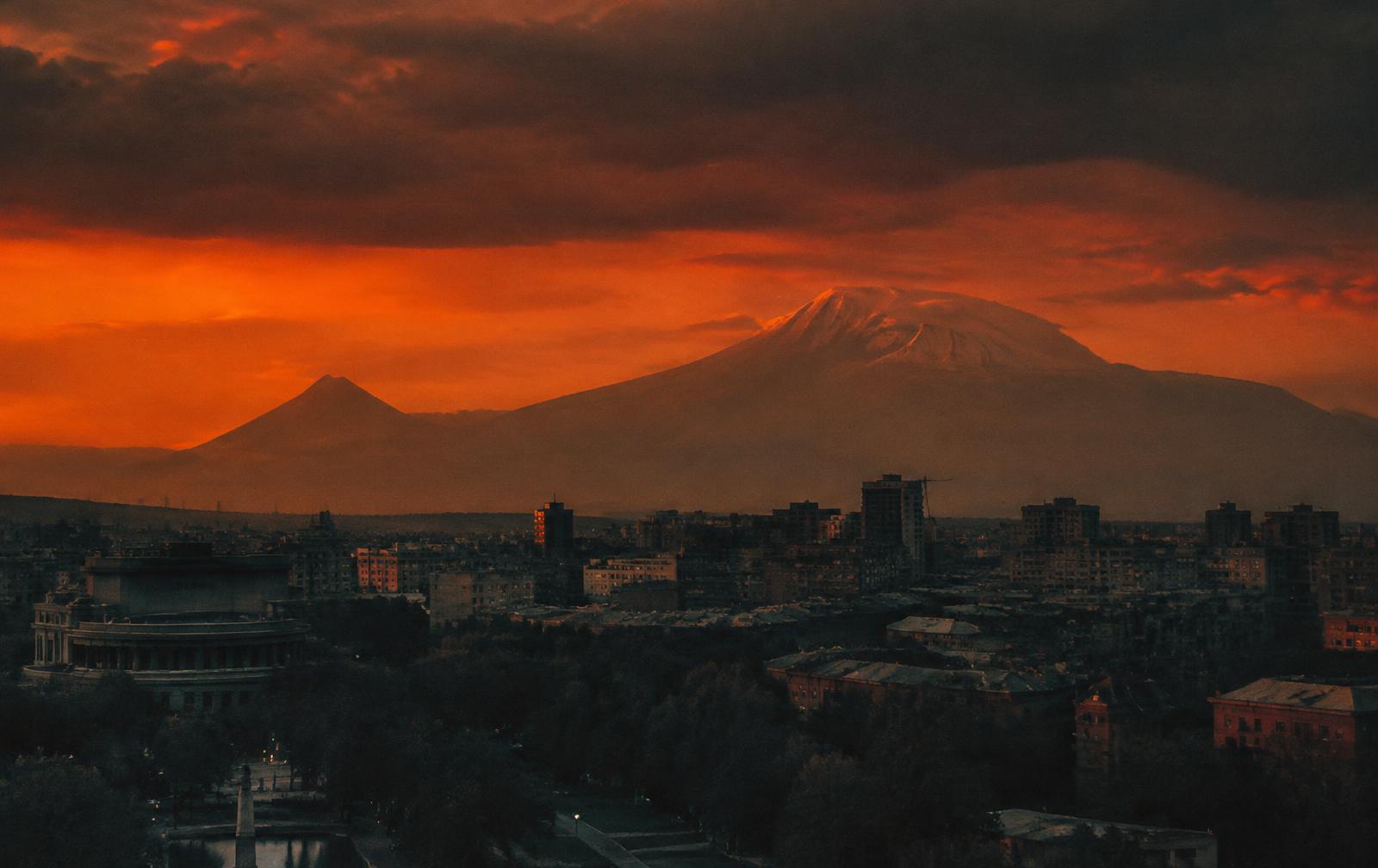 Yerevan at dusk with Mount Ararat
